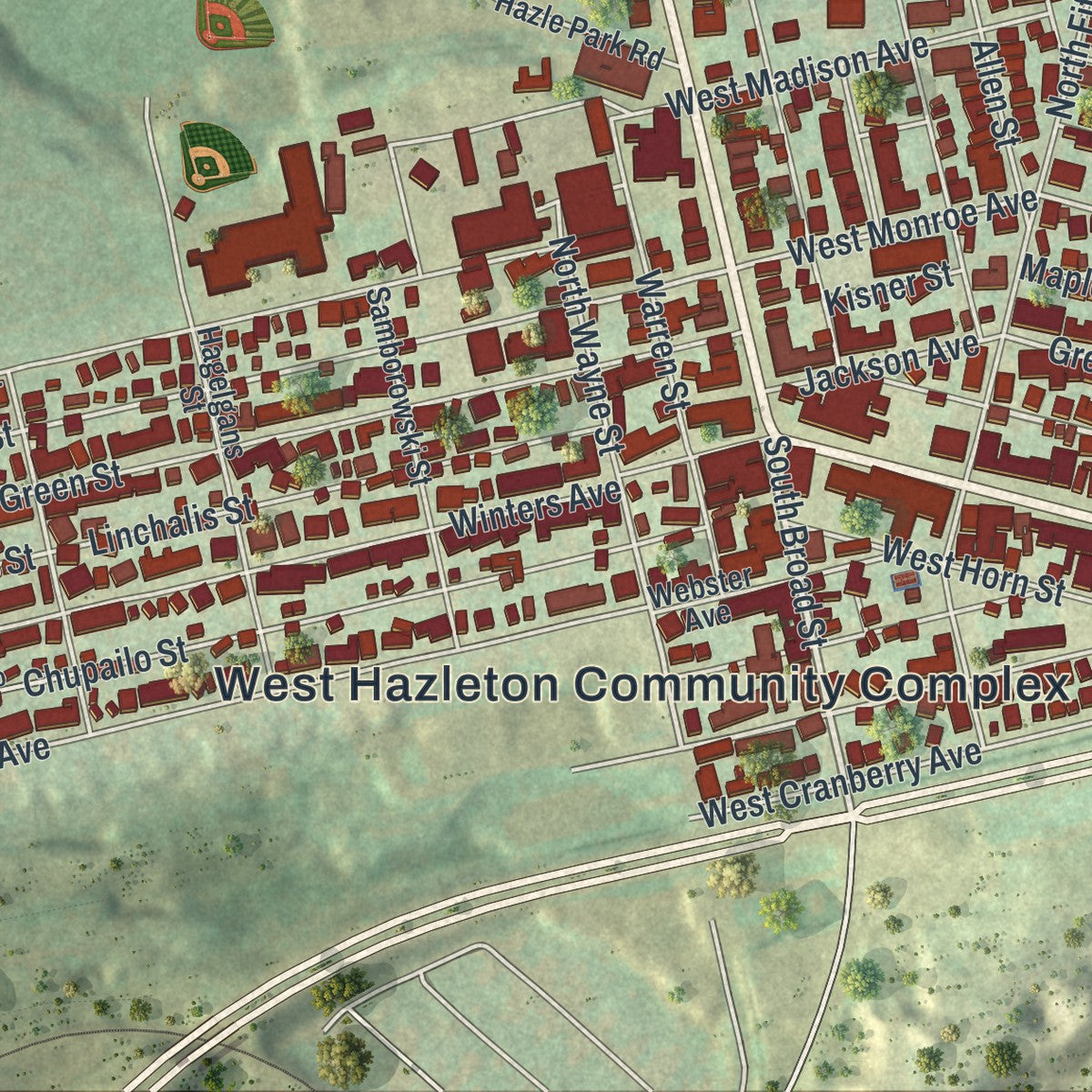 Close-up of the map of West Hazleton, Pennsylvania print showing street and building detail