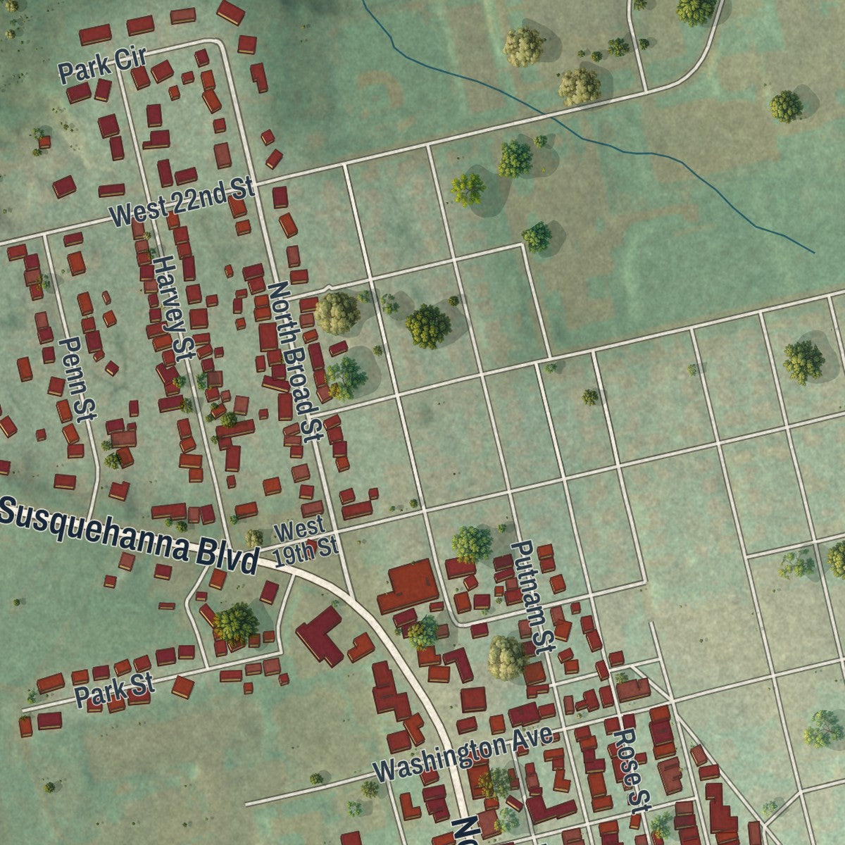 Second close-up of the map of West Hazleton, Pennsylvania print showing more streets and buildings
