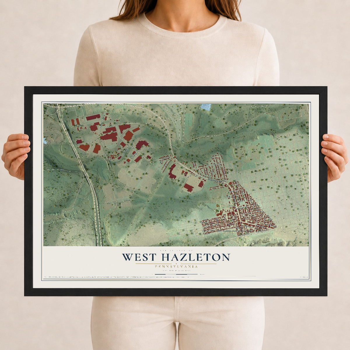 Map of West Hazleton, Pennsylvania, 12 x 18 inch print in a black wood frame