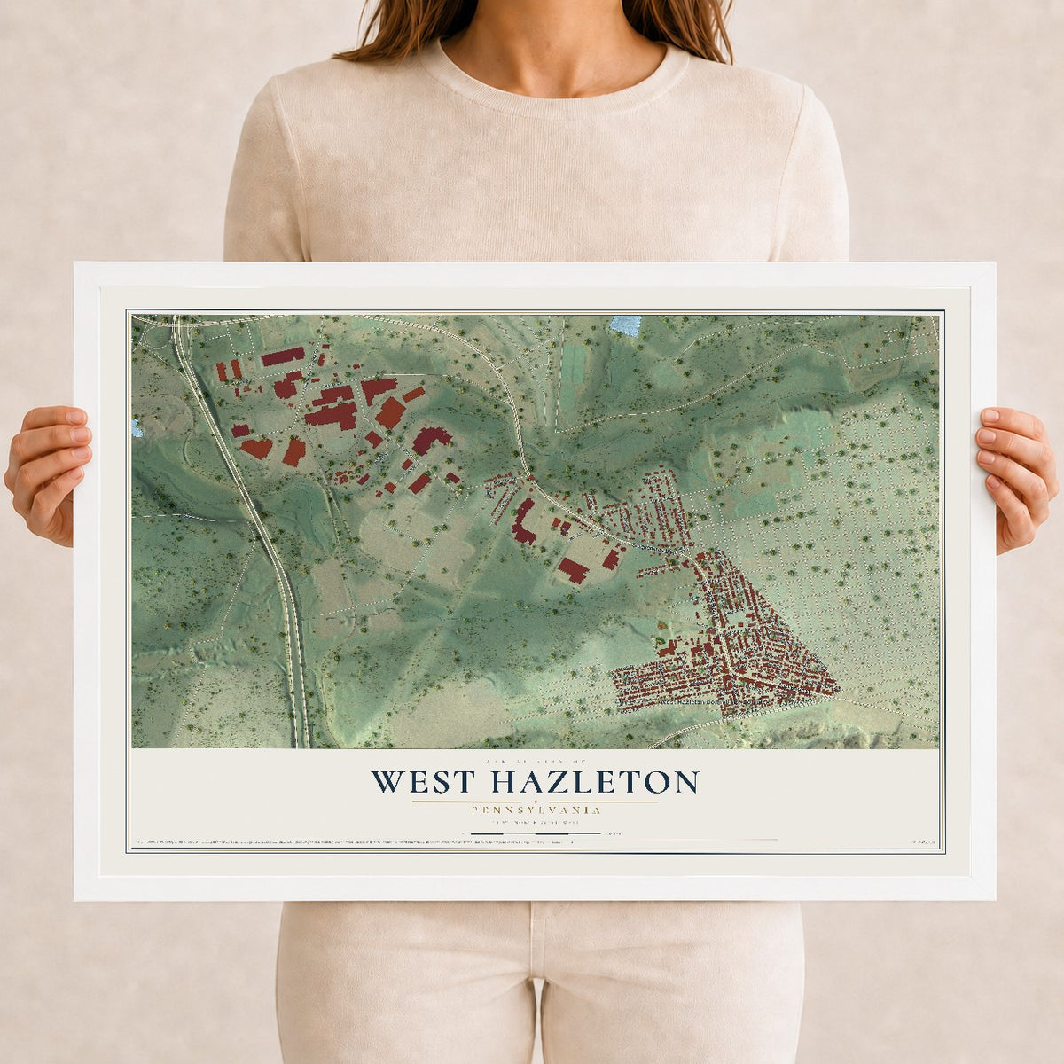 Map of West Hazleton, Pennsylvania, 12 x 18 inch print in a white wood frame