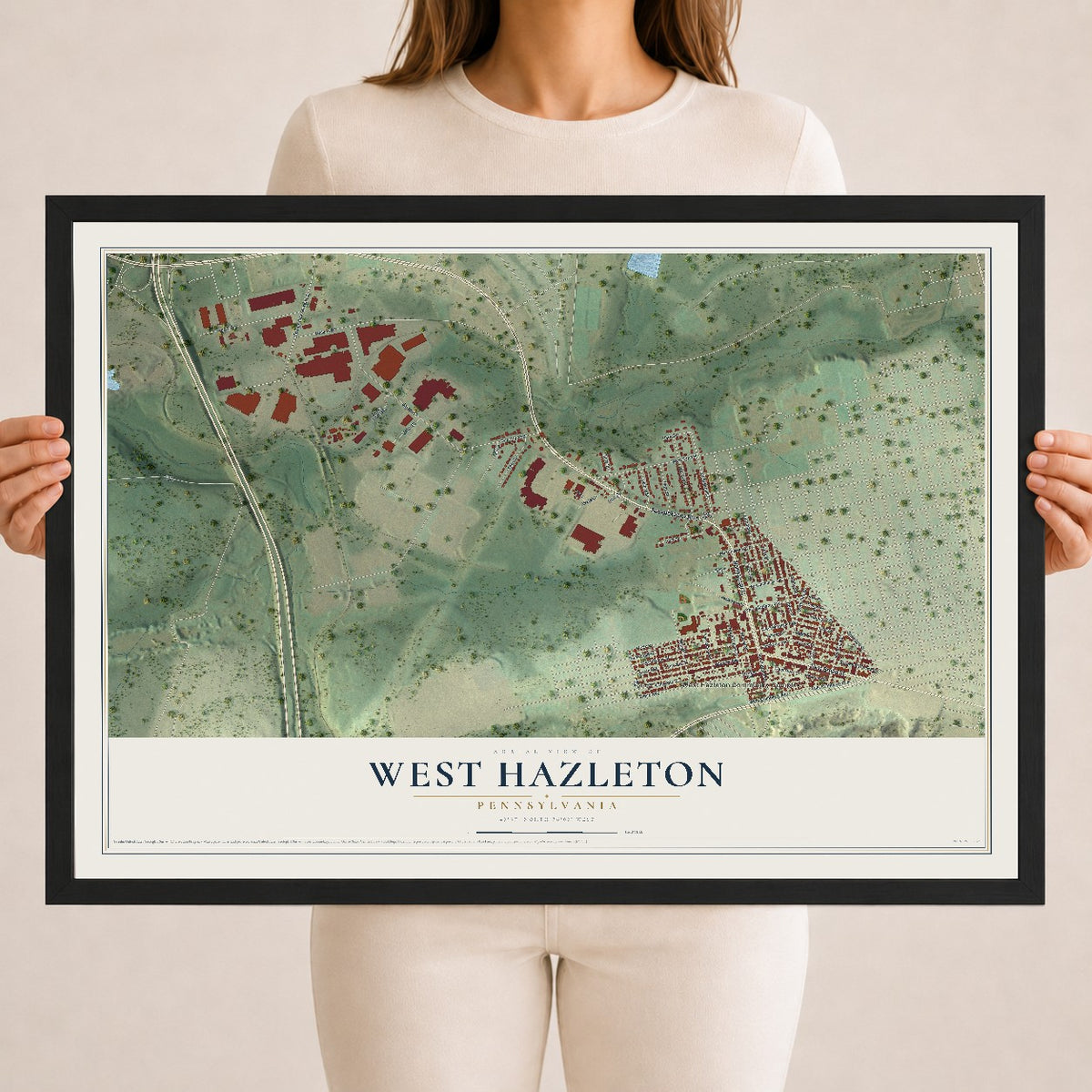 Map of West Hazleton, Pennsylvania, 18 x 24 inch print in a black wood frame