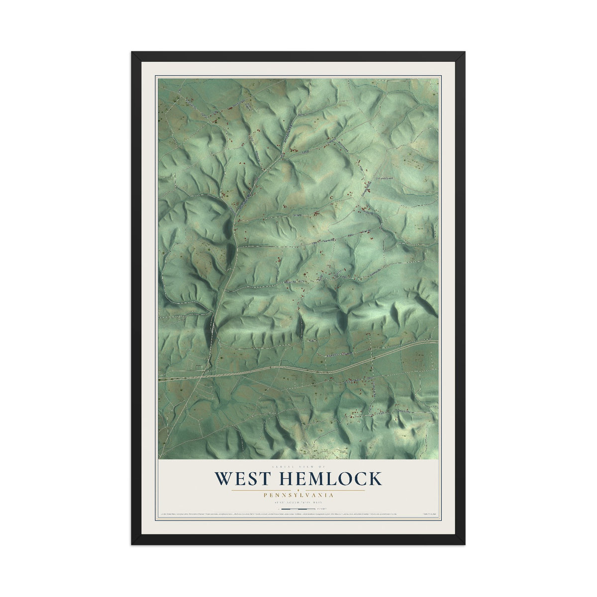 Map of West Hemlock, Pennsylvania, 12 x 18 inch print in a black wood frame