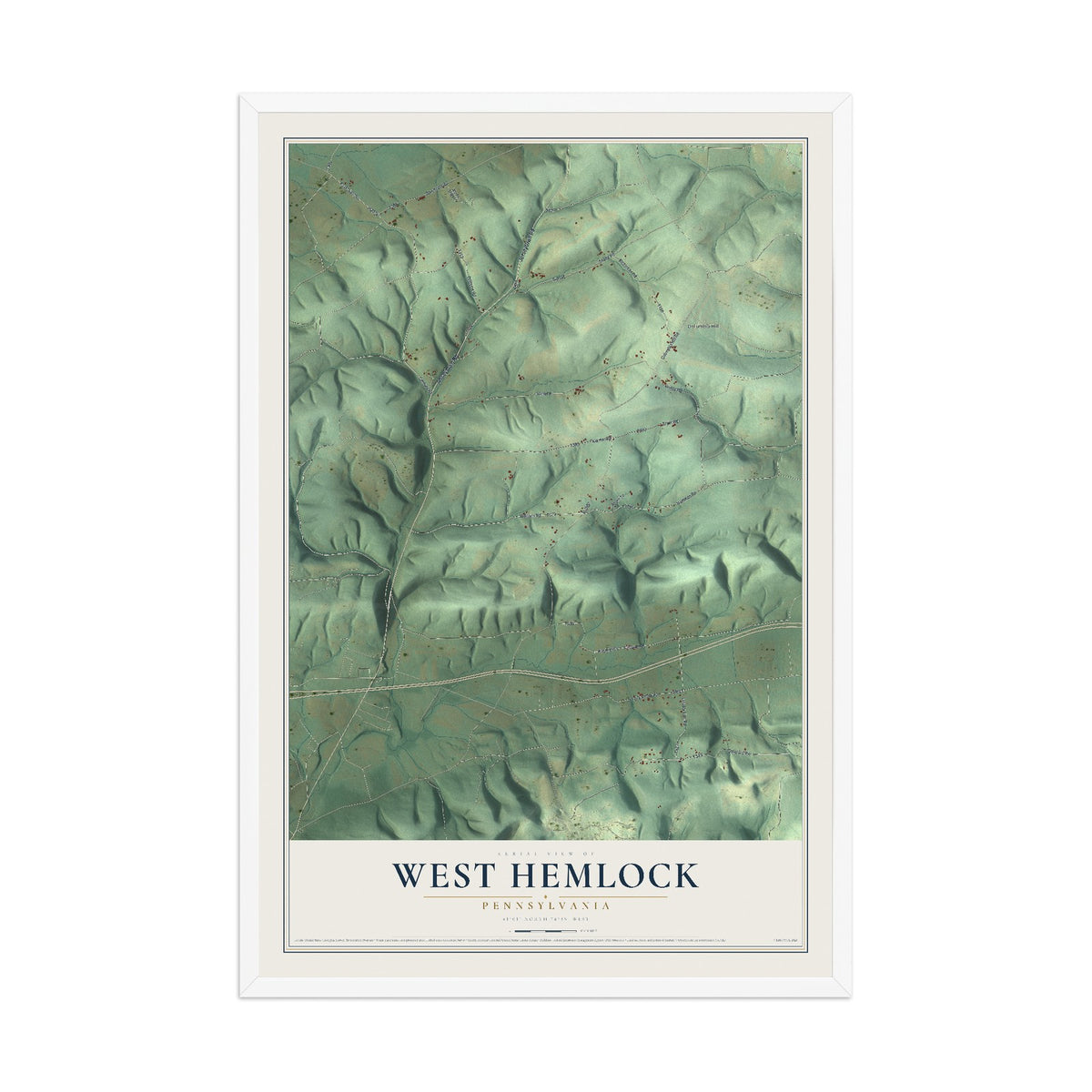 Map of West Hemlock, Pennsylvania, 12 x 18 inch print in a white wood frame