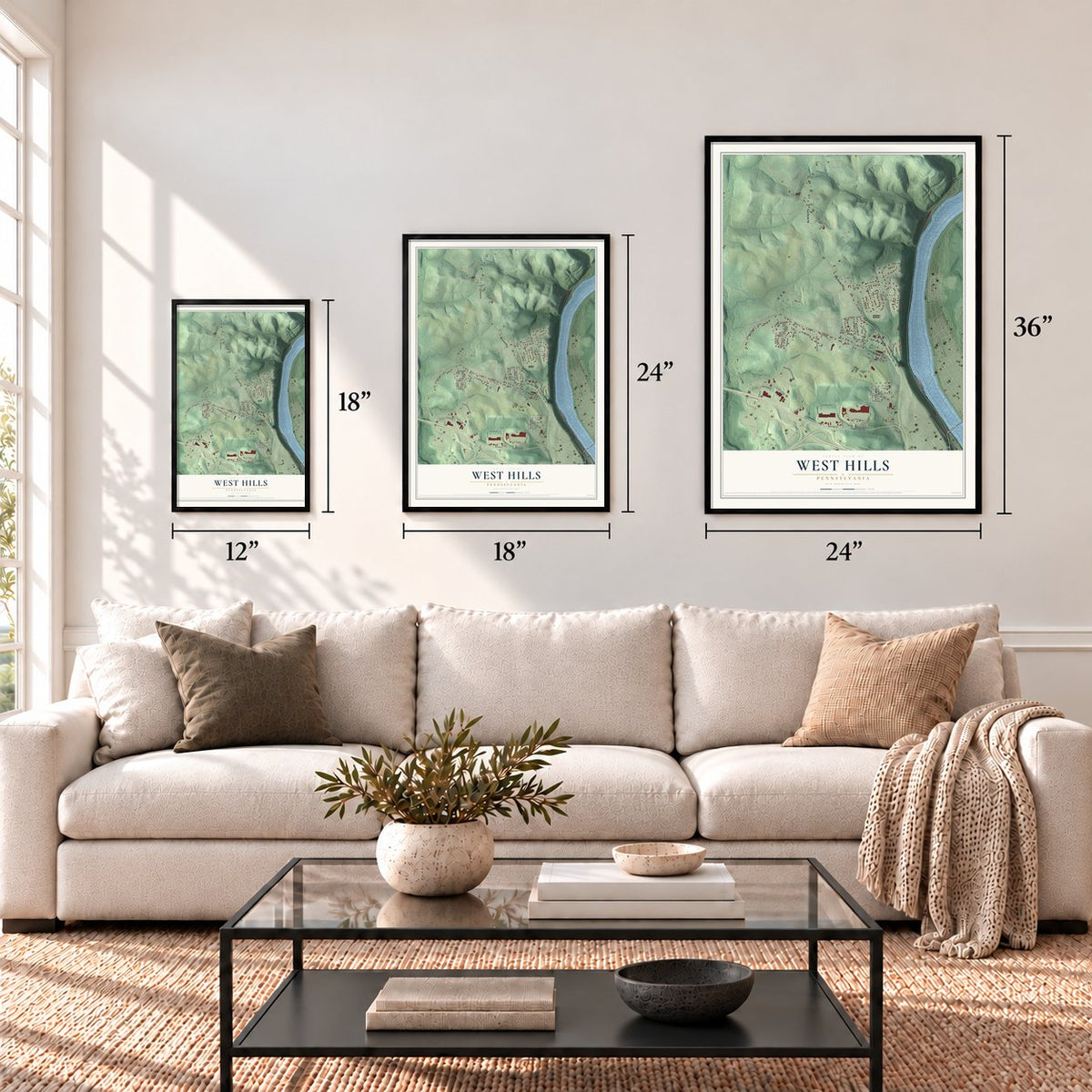 West Hills, Pennsylvania map in 12 x 18, 18 x 24 and 24 x 36 inch sizes above a sofa