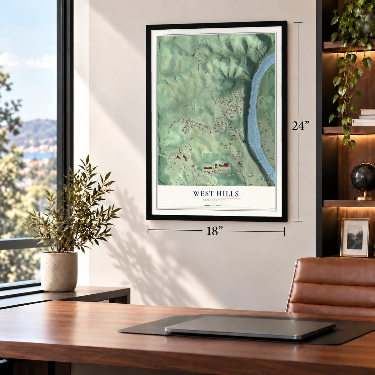 West Hills, Pennsylvania map, 18 x 24 inch print in a black frame in a home office
