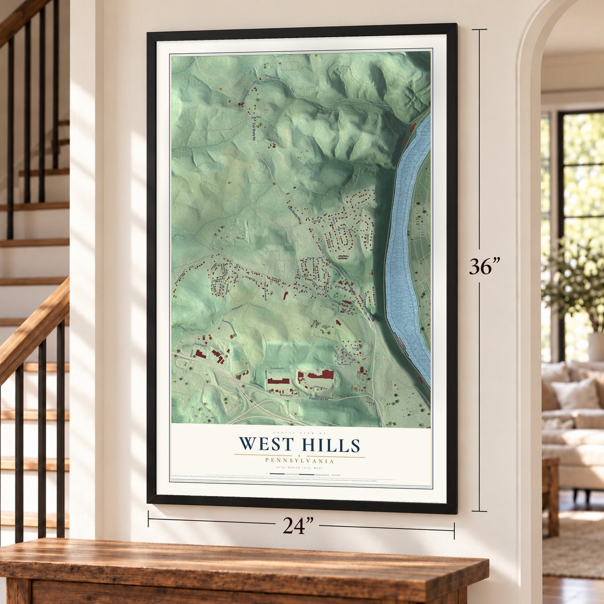 West Hills, Pennsylvania map, 24 x 36 inch print in a black frame by a staircase