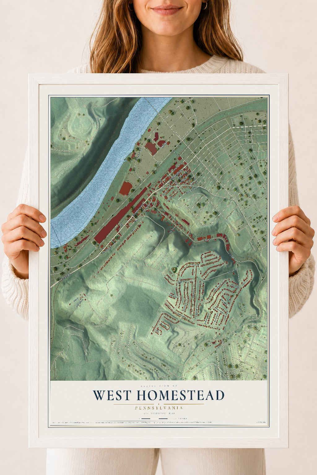 Map of West Homestead, Pennsylvania, 18 x 24 inch print in a white wood frame