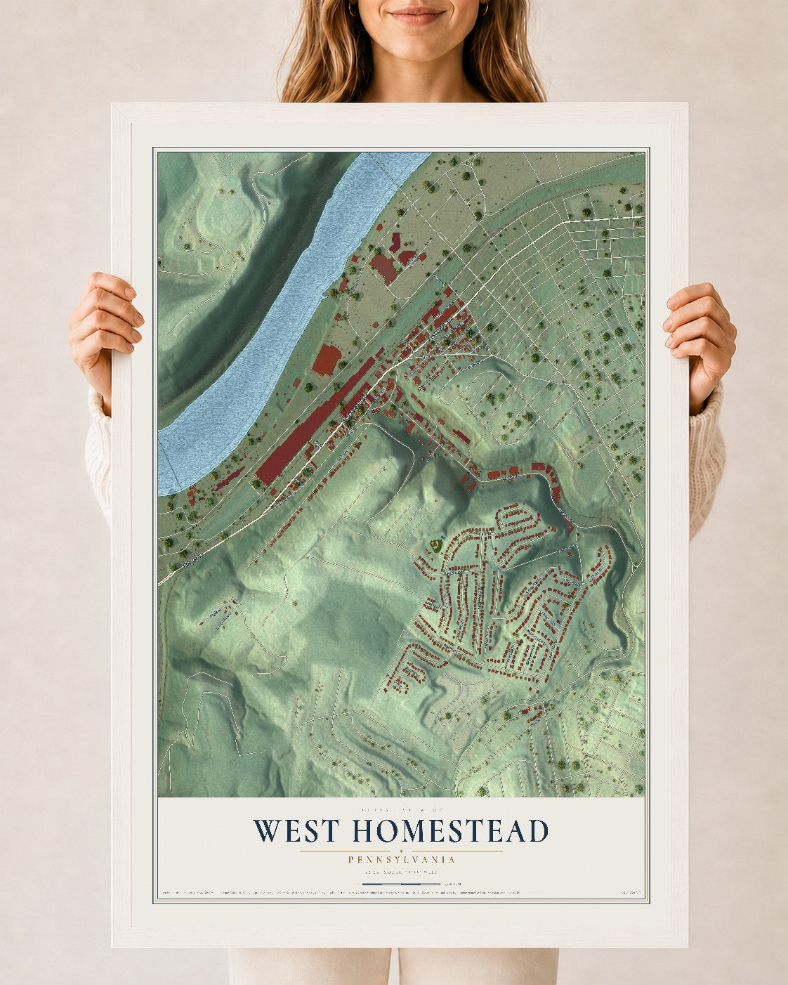 Map of West Homestead, Pennsylvania, 24 x 36 inch print in a white wood frame