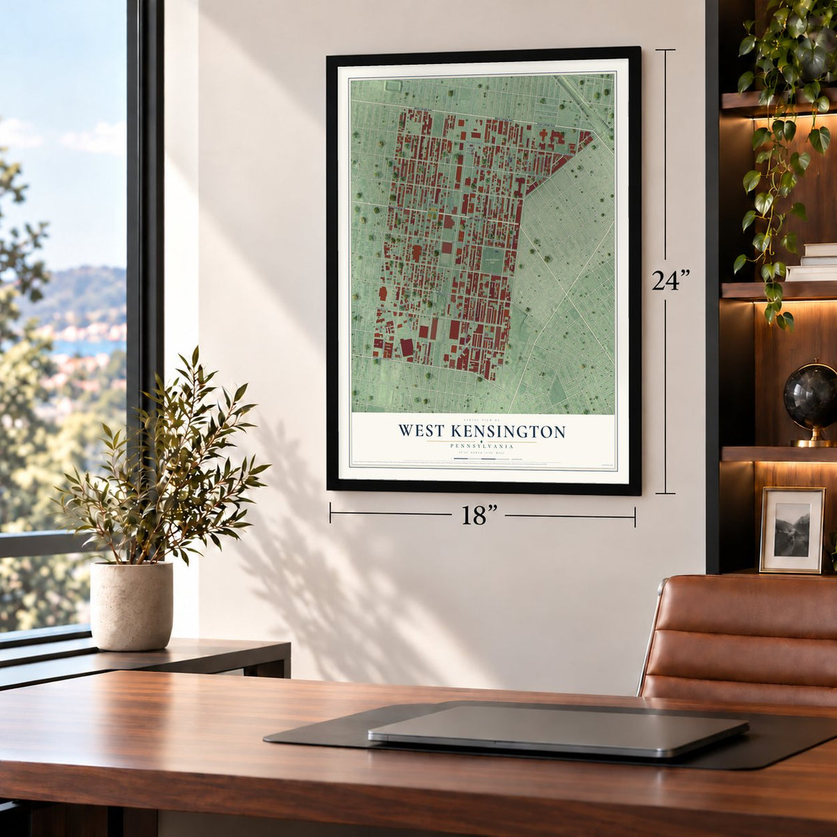 West Kensington, Pennsylvania map, 18 x 24 inch print in a black frame in a home office