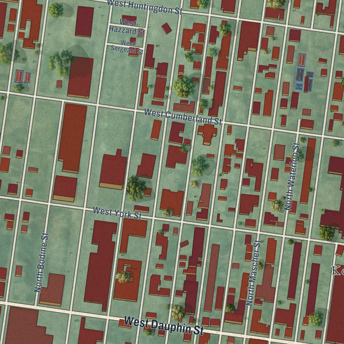 Close-up of the map of West Kensington, Pennsylvania print showing street and building detail