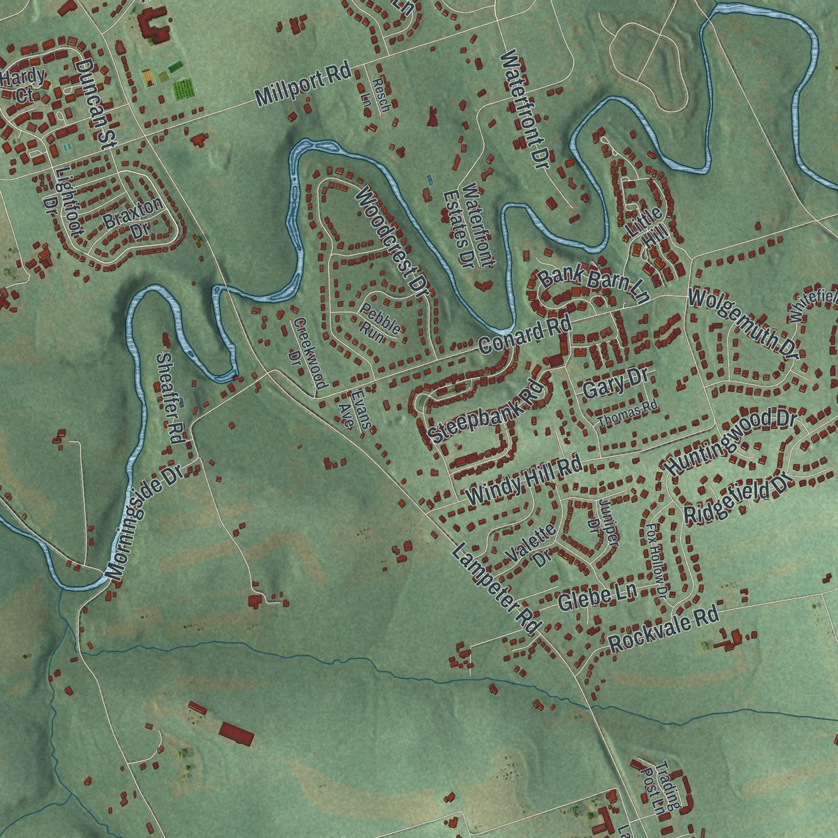 Second close-up of the map of West Lampeter, Pennsylvania print showing more streets and buildings