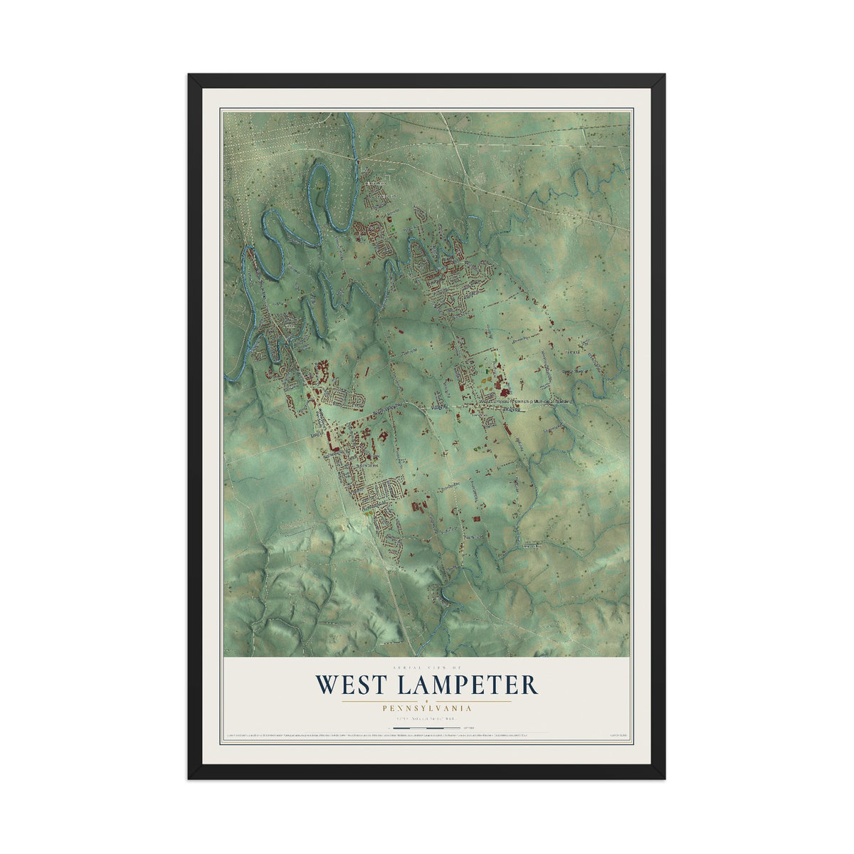 Map of West Lampeter, Pennsylvania, 12 x 18 inch print in a black wood frame