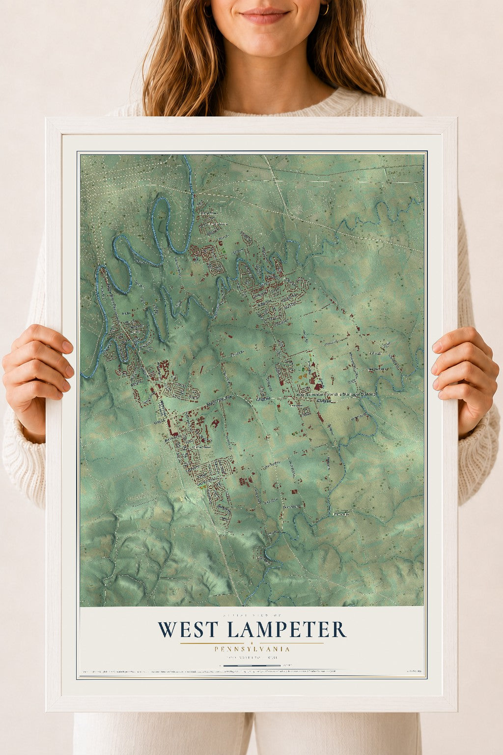 Map of West Lampeter, Pennsylvania, 18 x 24 inch print in a white wood frame