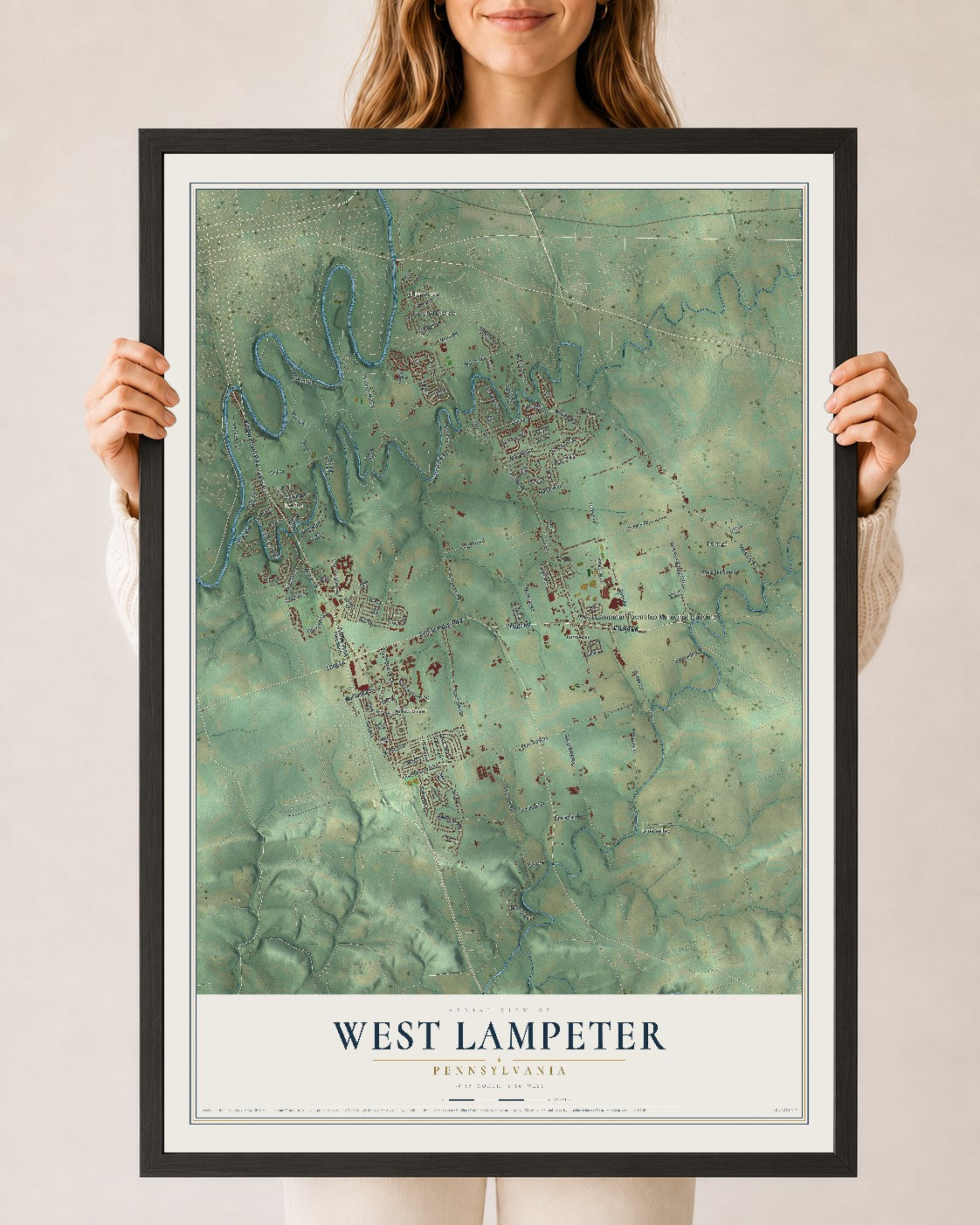 Map of West Lampeter, Pennsylvania, 24 x 36 inch print in a black wood frame