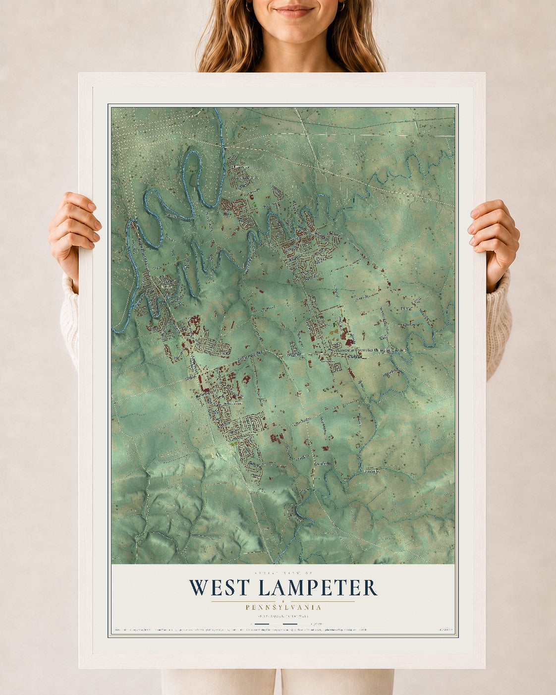 Map of West Lampeter, Pennsylvania, 24 x 36 inch print in a white wood frame
