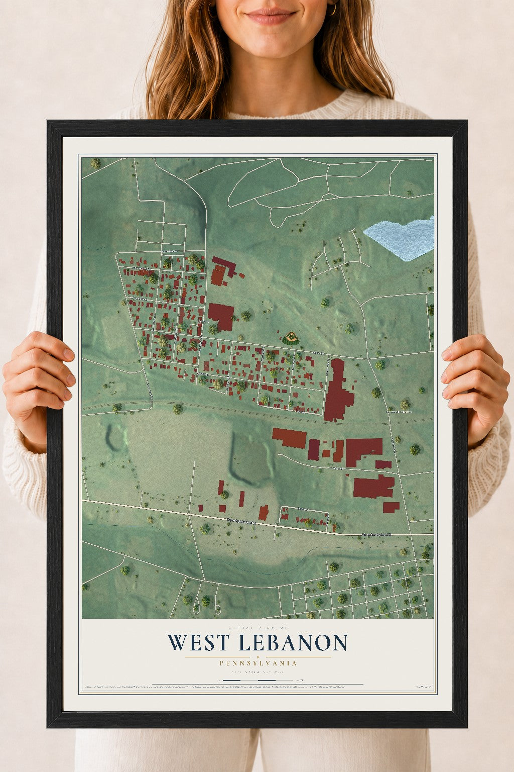 Map of West Lebanon, Pennsylvania, 18 x 24 inch print in a black wood frame