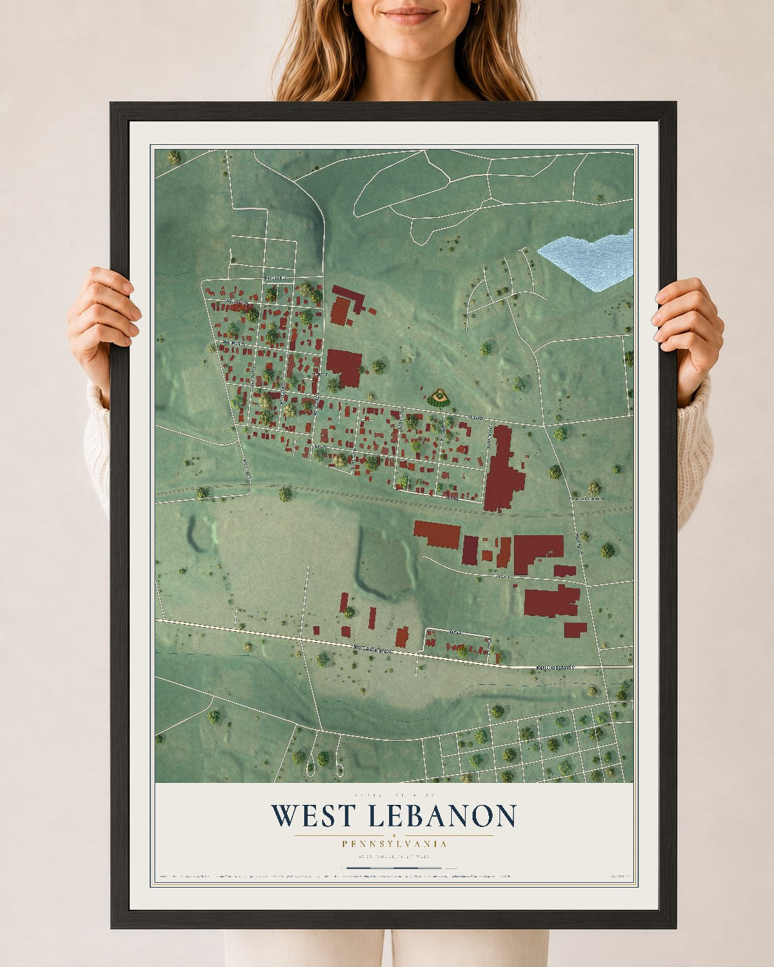 Map of West Lebanon, Pennsylvania, 24 x 36 inch print in a black wood frame