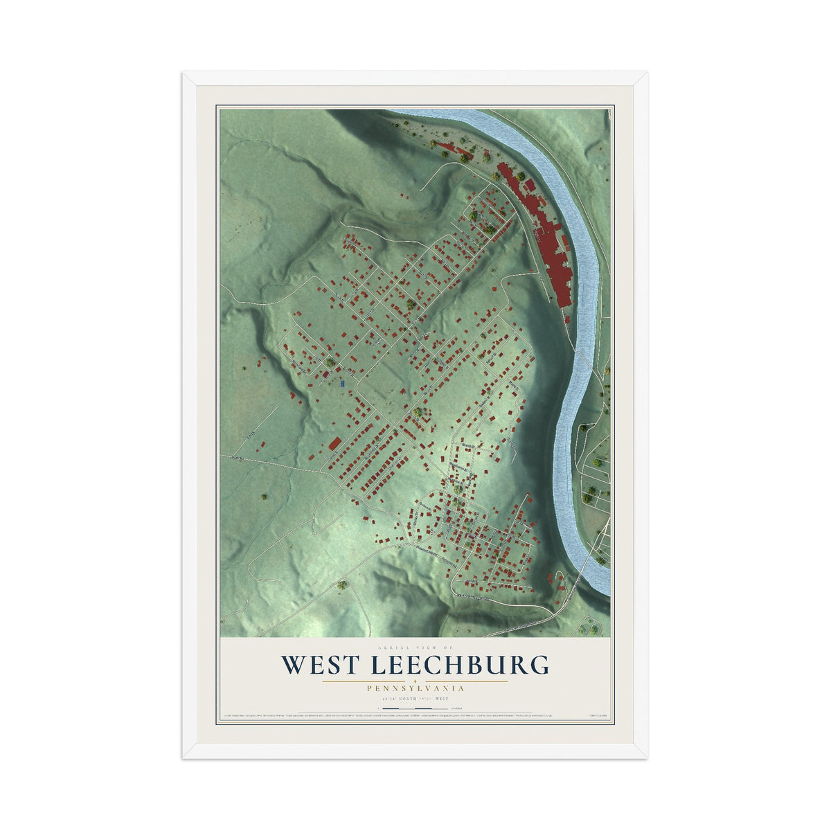 Map of West Leechburg, Pennsylvania, 12 x 18 inch print in a white wood frame