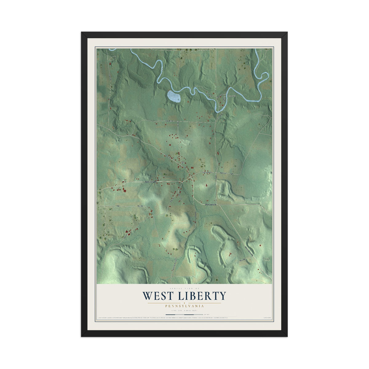 Map of West Liberty, Pennsylvania, 12 x 18 inch print in a black wood frame