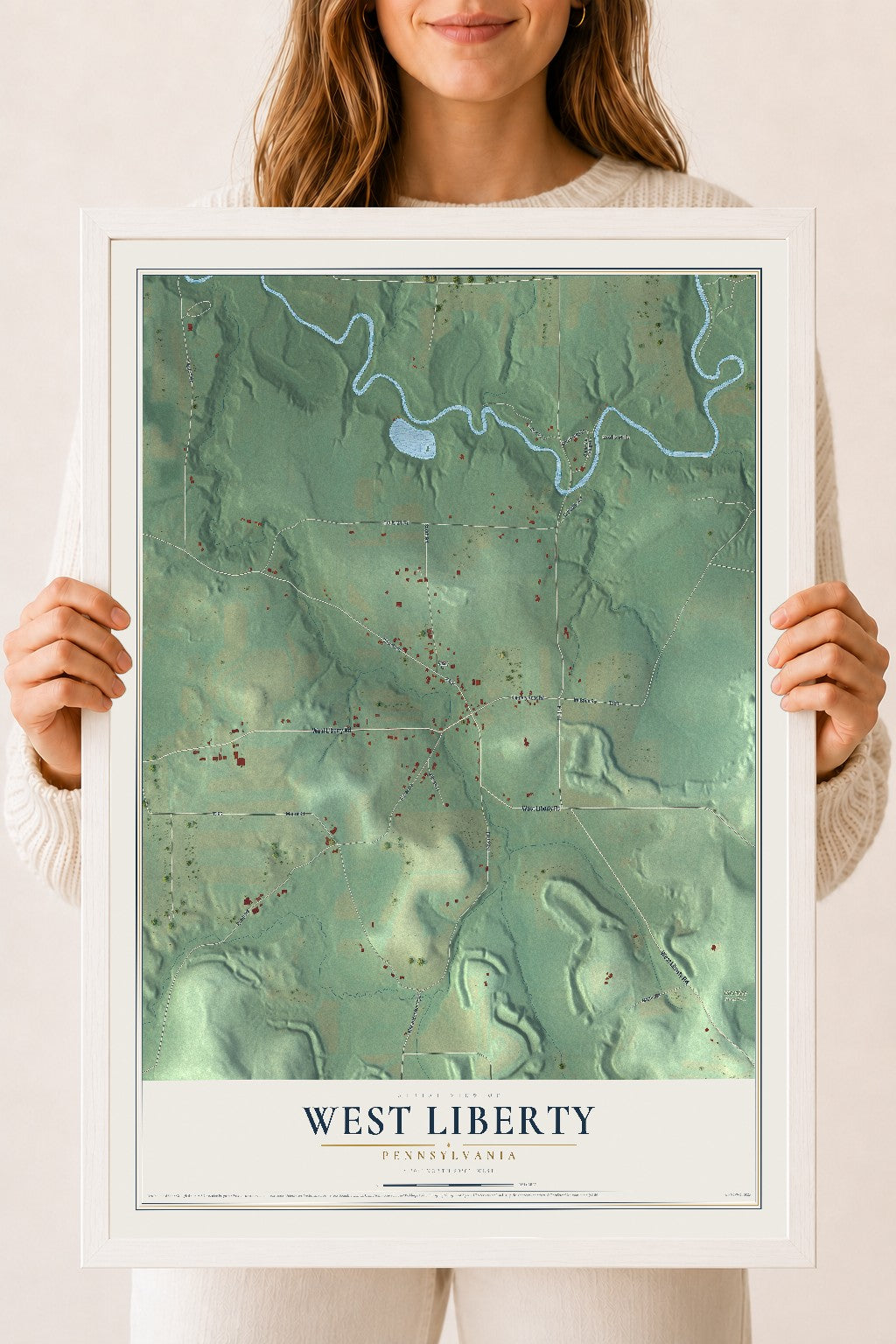 Map of West Liberty, Pennsylvania, 18 x 24 inch print in a white wood frame