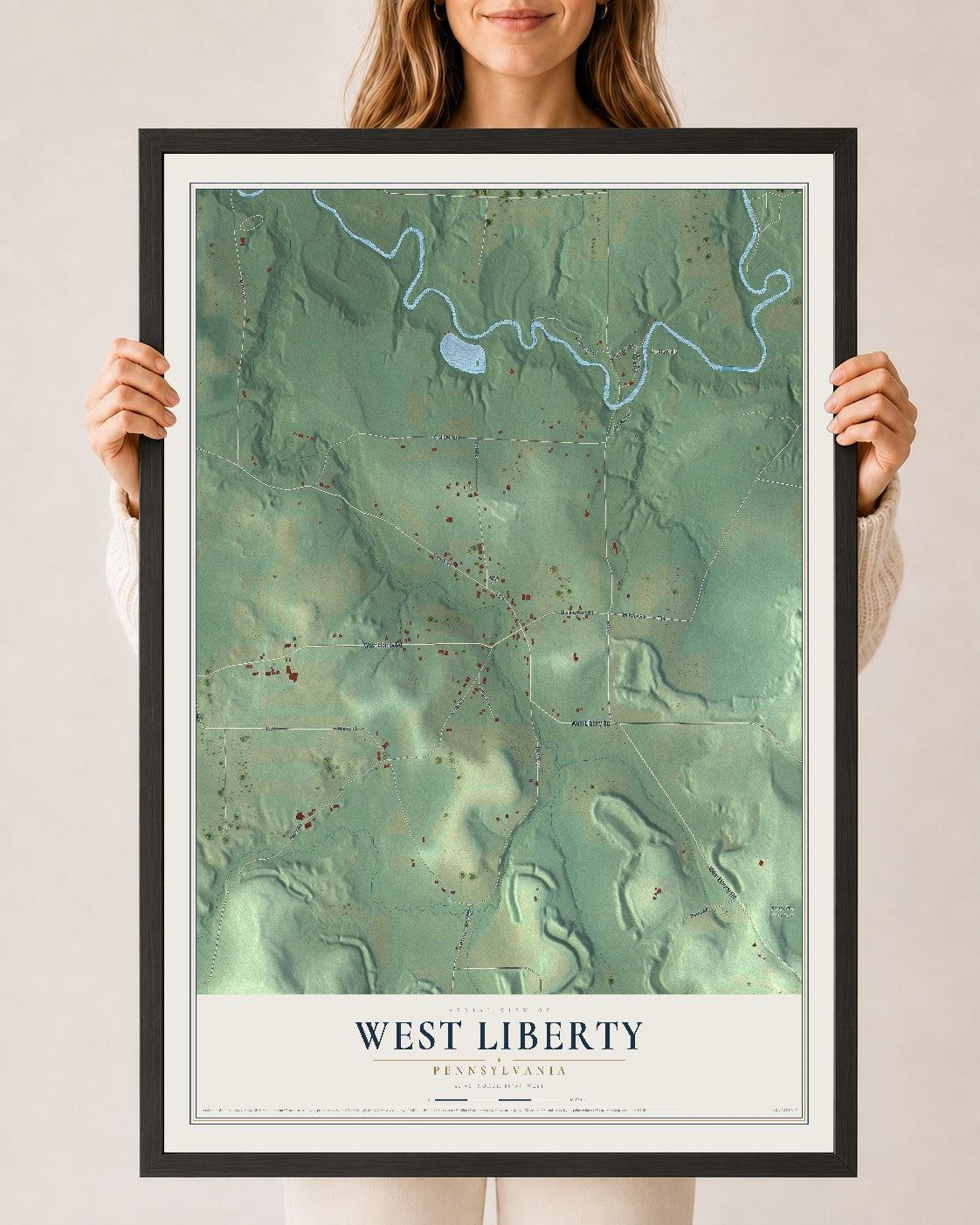 Map of West Liberty, Pennsylvania, 24 x 36 inch print in a black wood frame