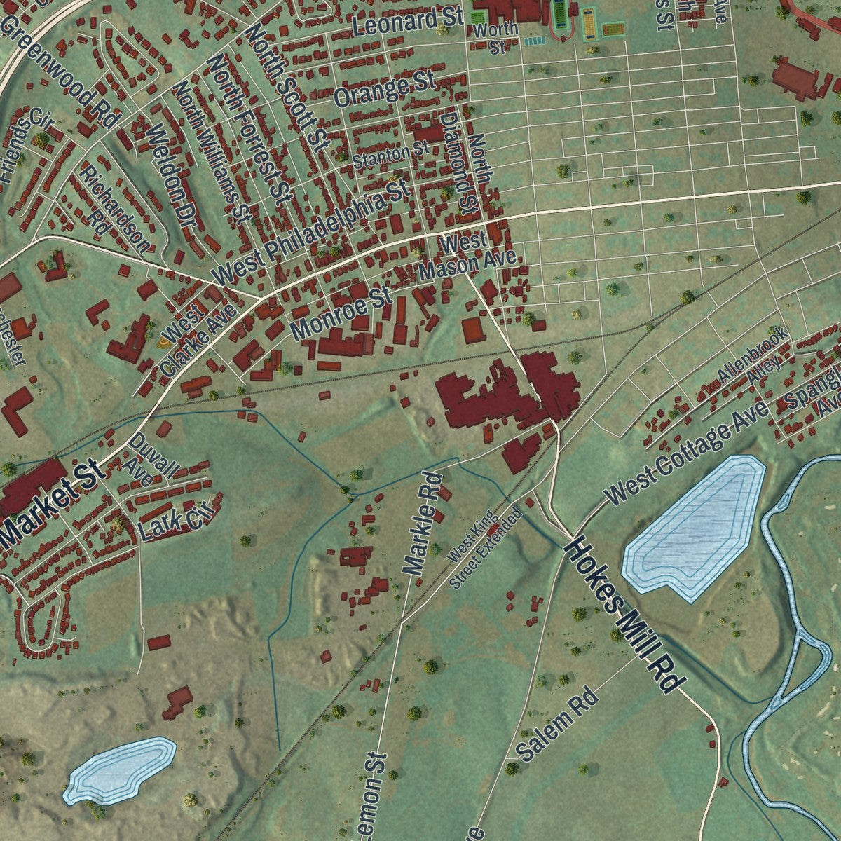 Second close-up of the map of West Manchester, Pennsylvania print showing more streets and buildings