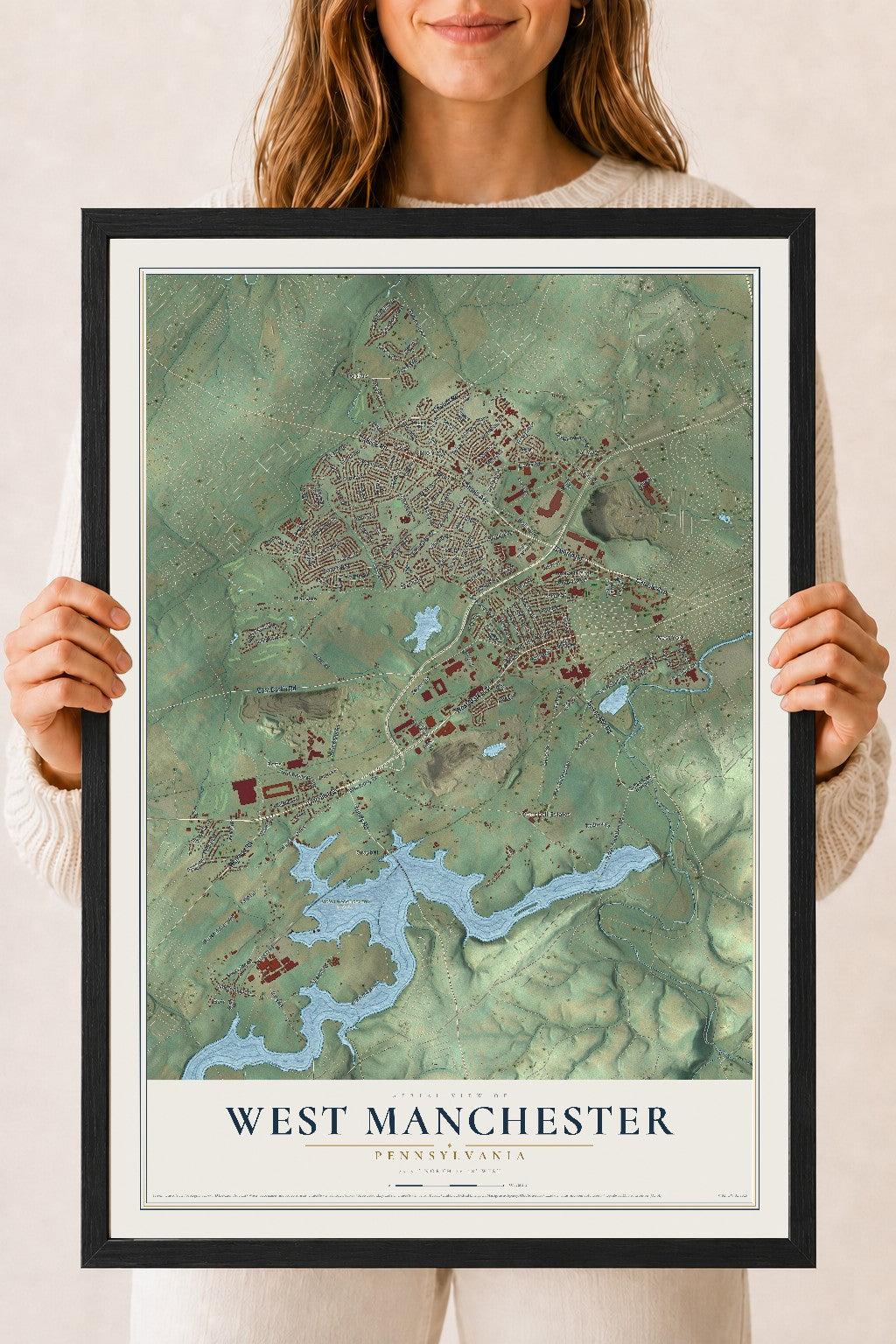 Map of West Manchester, Pennsylvania, 18 x 24 inch print in a black wood frame