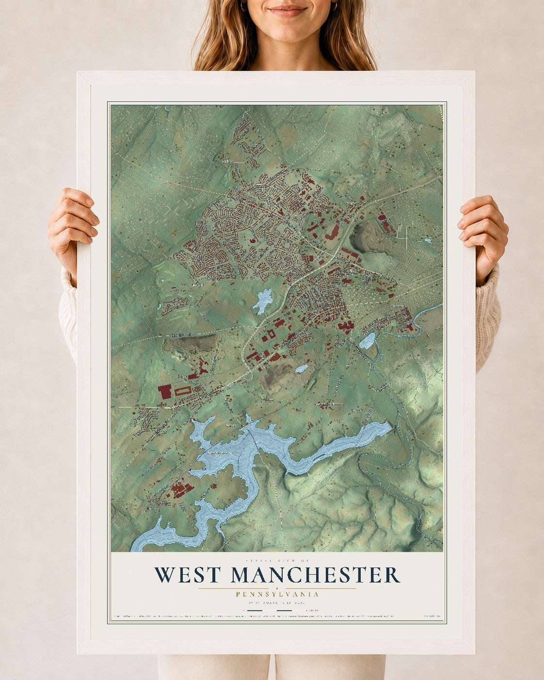 Map of West Manchester, Pennsylvania, 24 x 36 inch print in a white wood frame