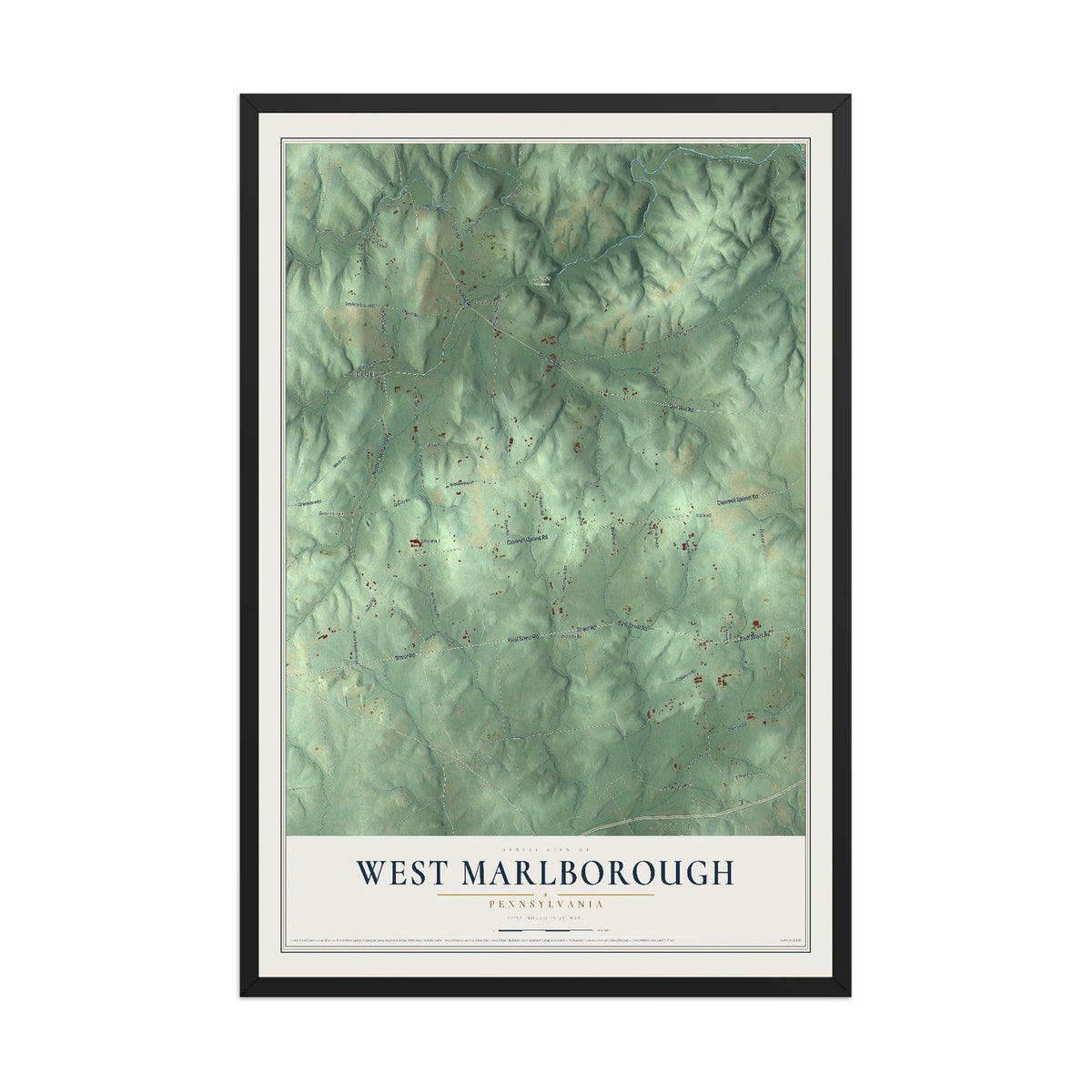 Map of West Marlborough, Pennsylvania, 12 x 18 inch print in a black wood frame
