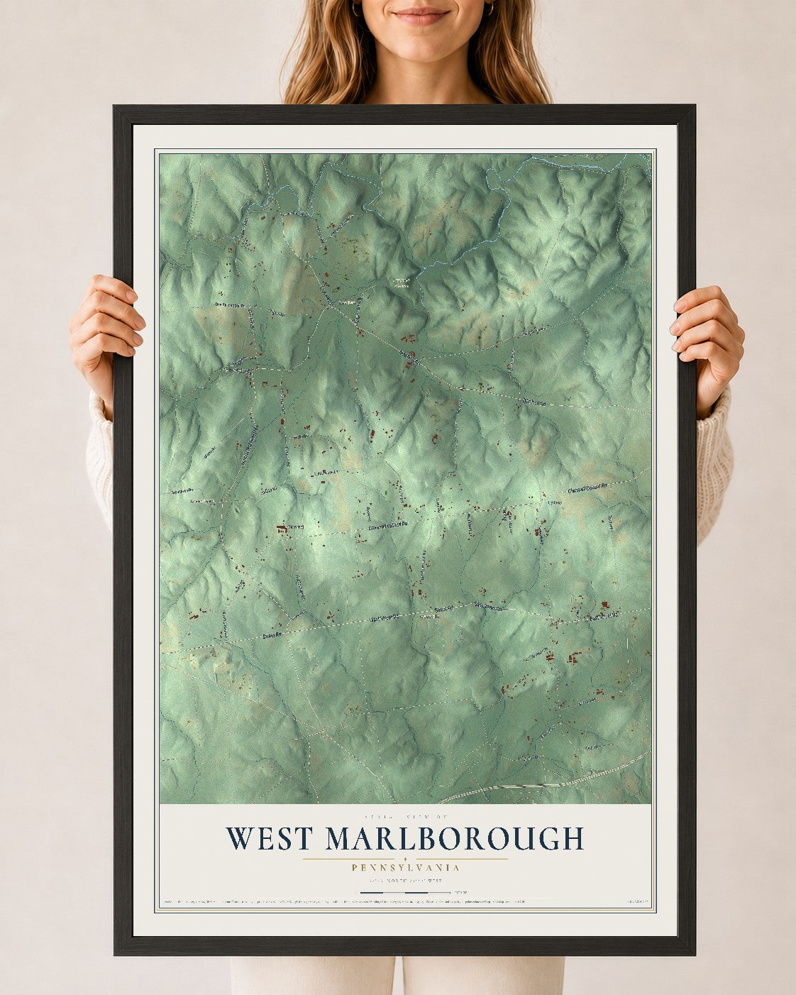 Map of West Marlborough, Pennsylvania, 24 x 36 inch print in a black wood frame