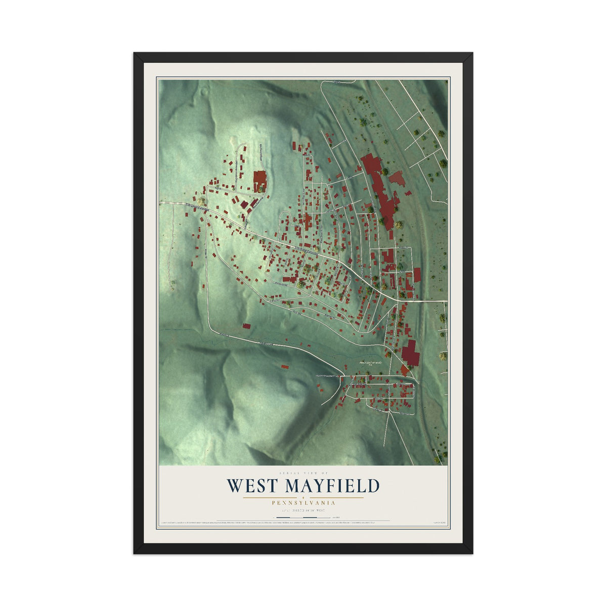 Map of West Mayfield, Pennsylvania, 12 x 18 inch print in a black wood frame