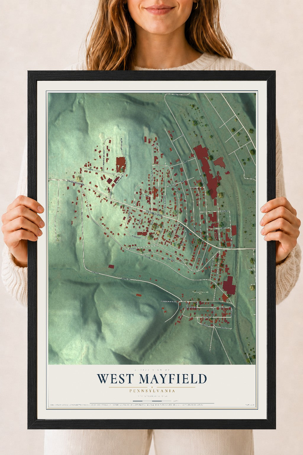 Map of West Mayfield, Pennsylvania, 18 x 24 inch print in a black wood frame