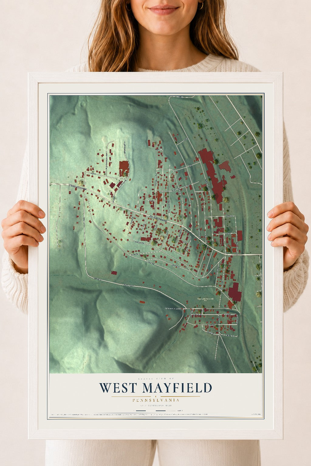 Map of West Mayfield, Pennsylvania, 18 x 24 inch print in a white wood frame