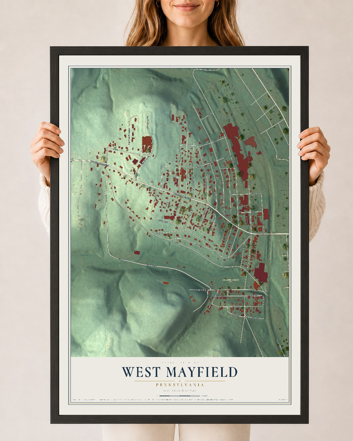 Map of West Mayfield, Pennsylvania, 24 x 36 inch print in a black wood frame