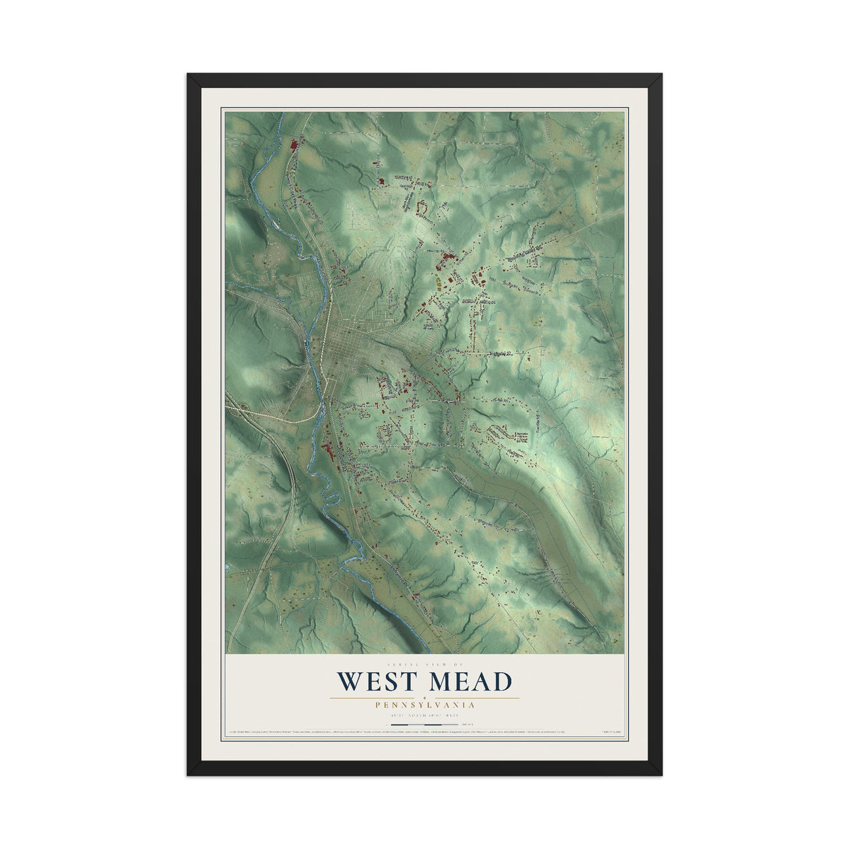 Map of West Mead, Pennsylvania, 12 x 18 inch print in a black wood frame