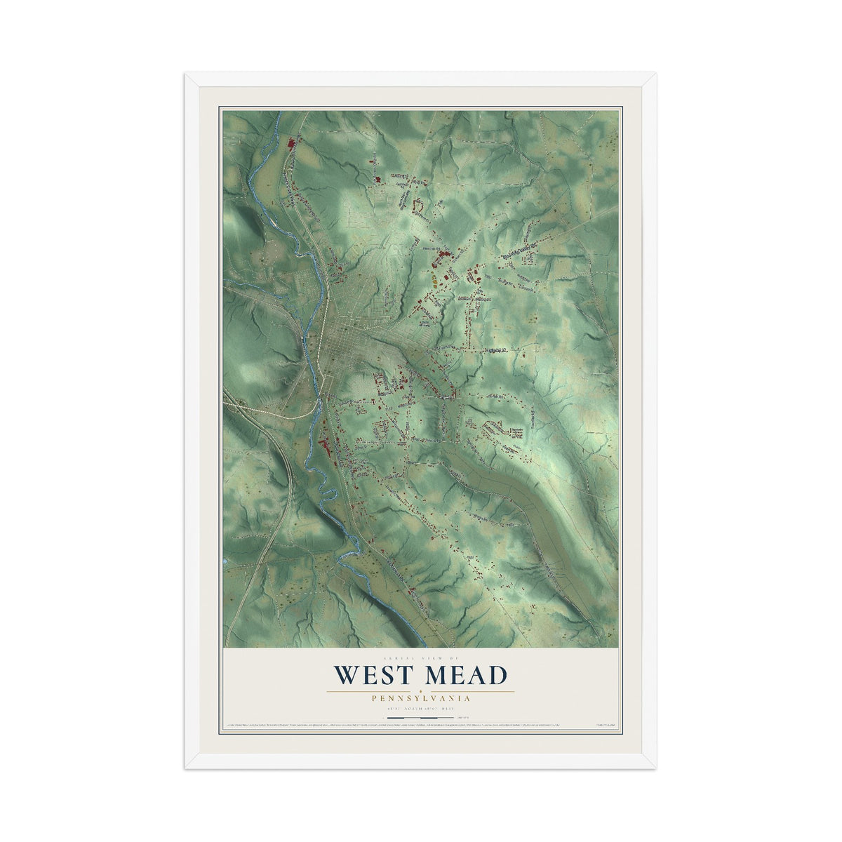 Map of West Mead, Pennsylvania, 12 x 18 inch print in a white wood frame