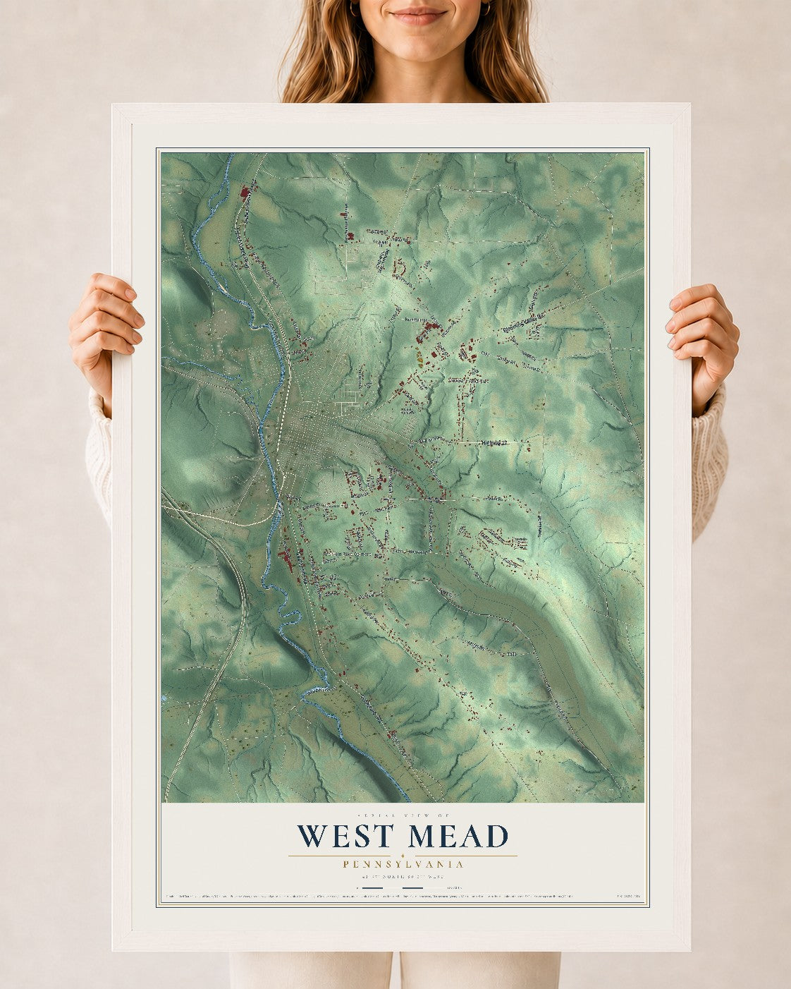 Map of West Mead, Pennsylvania, 24 x 36 inch print in a white wood frame
