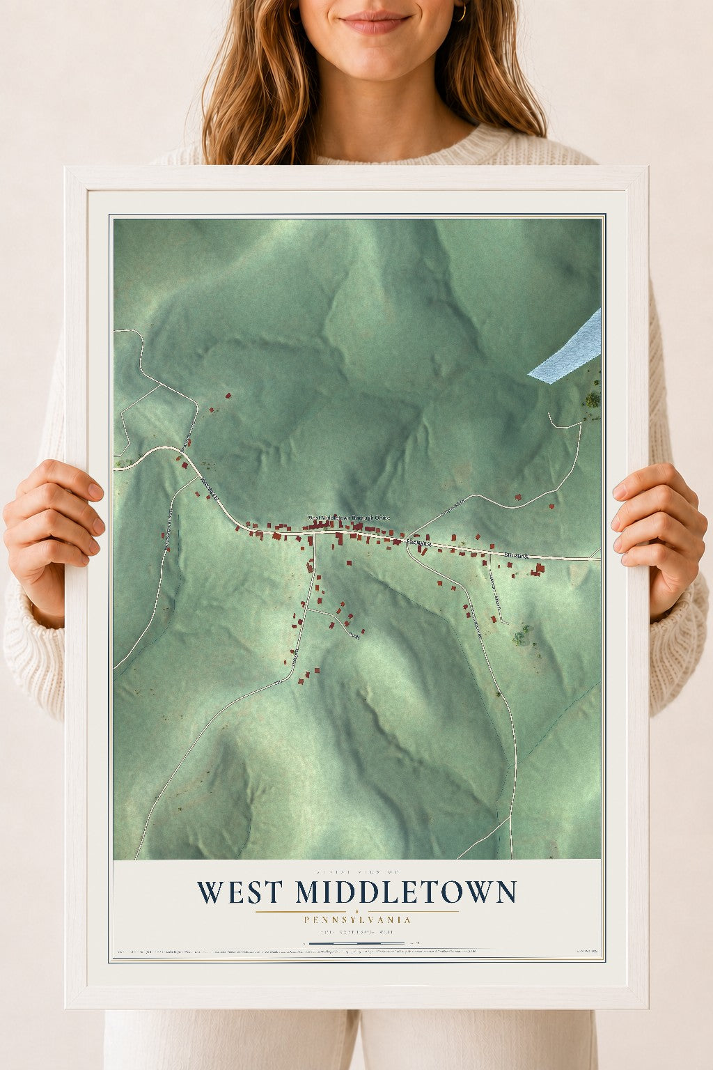 Map of West Middletown, Pennsylvania, 18 x 24 inch print in a white wood frame