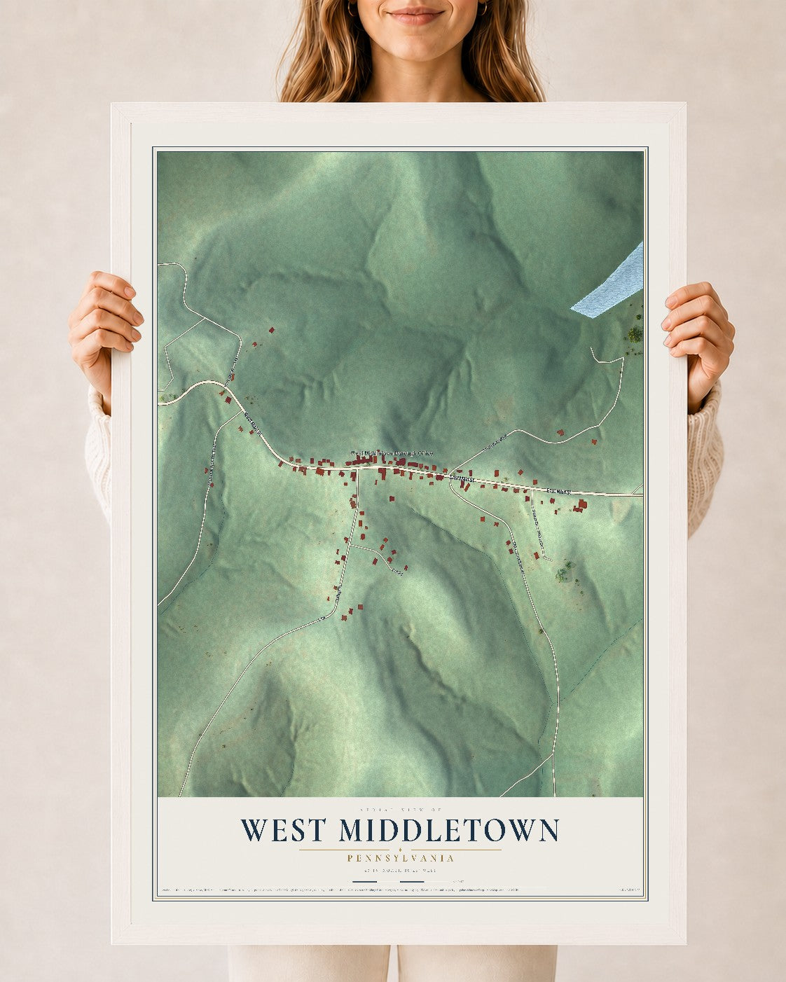 Map of West Middletown, Pennsylvania, 24 x 36 inch print in a white wood frame