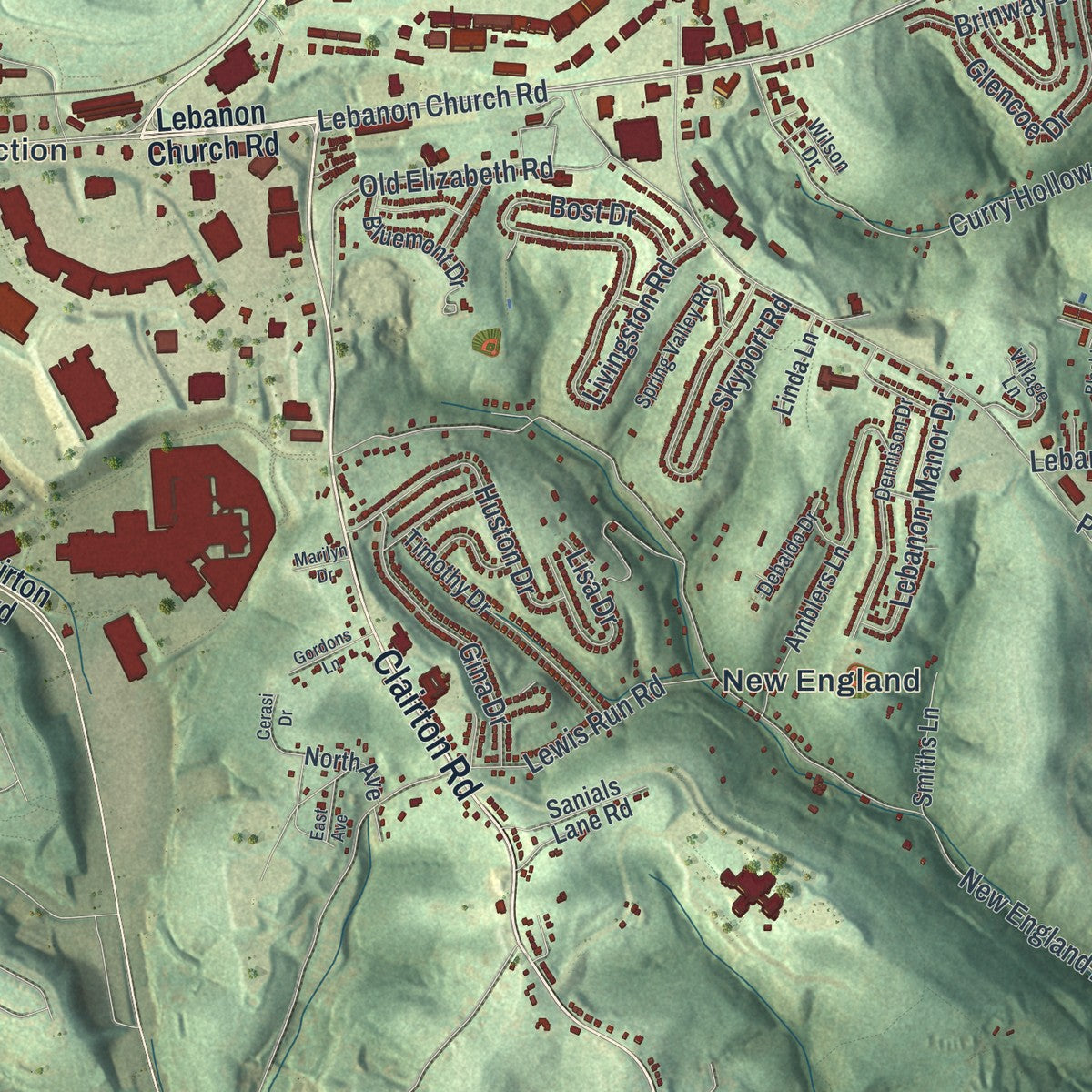 Close-up of the map of West Mifflin, Pennsylvania print showing street and building detail