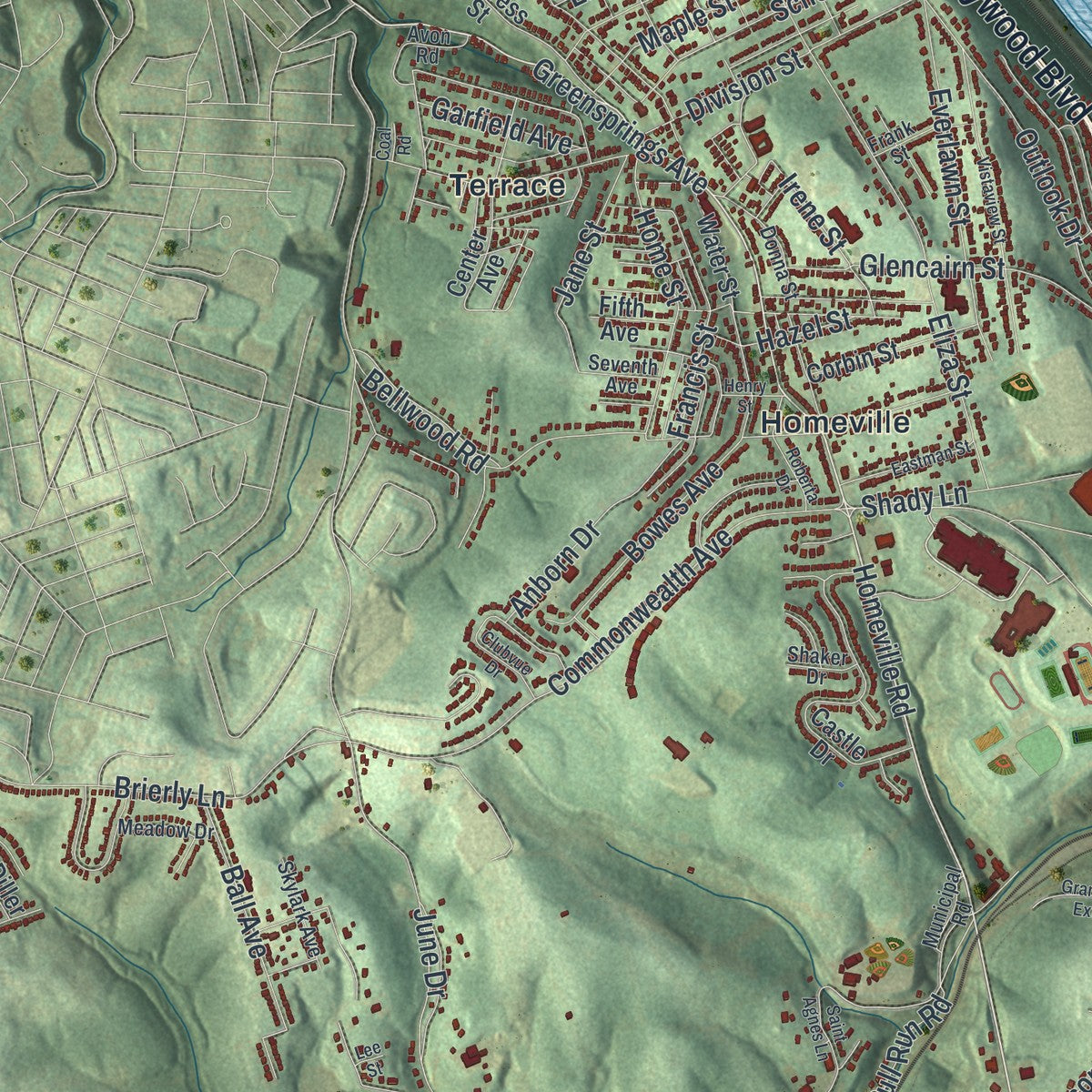 Second close-up of the map of West Mifflin, Pennsylvania print showing more streets and buildings