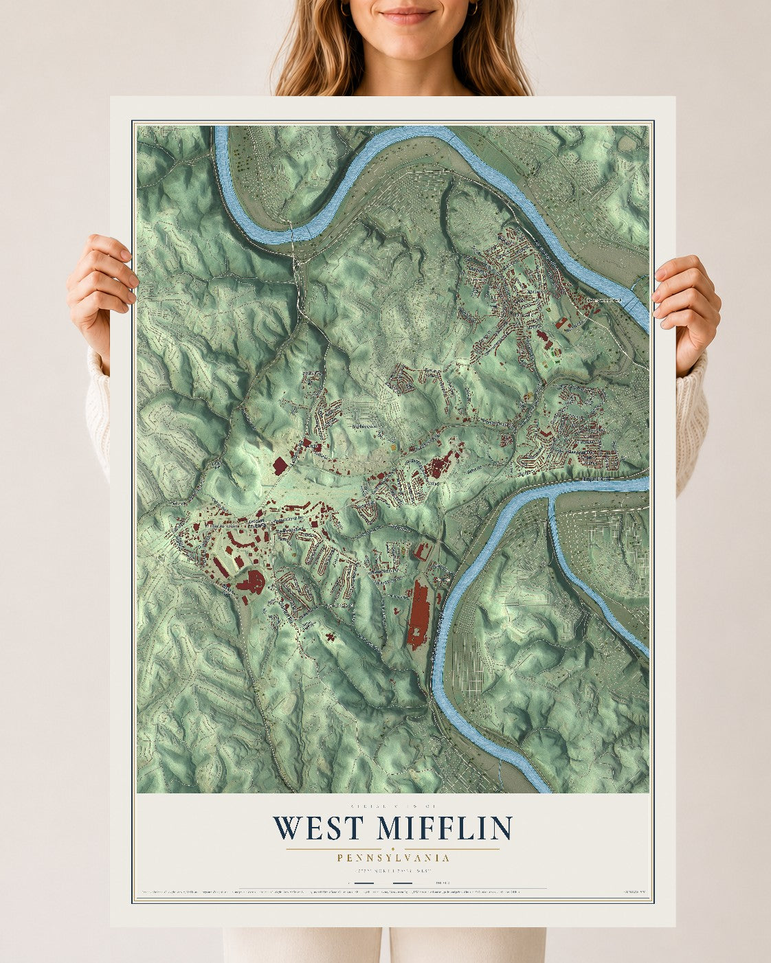 Map of West Mifflin, Pennsylvania, 24 x 36 inch unframed archival matte print
