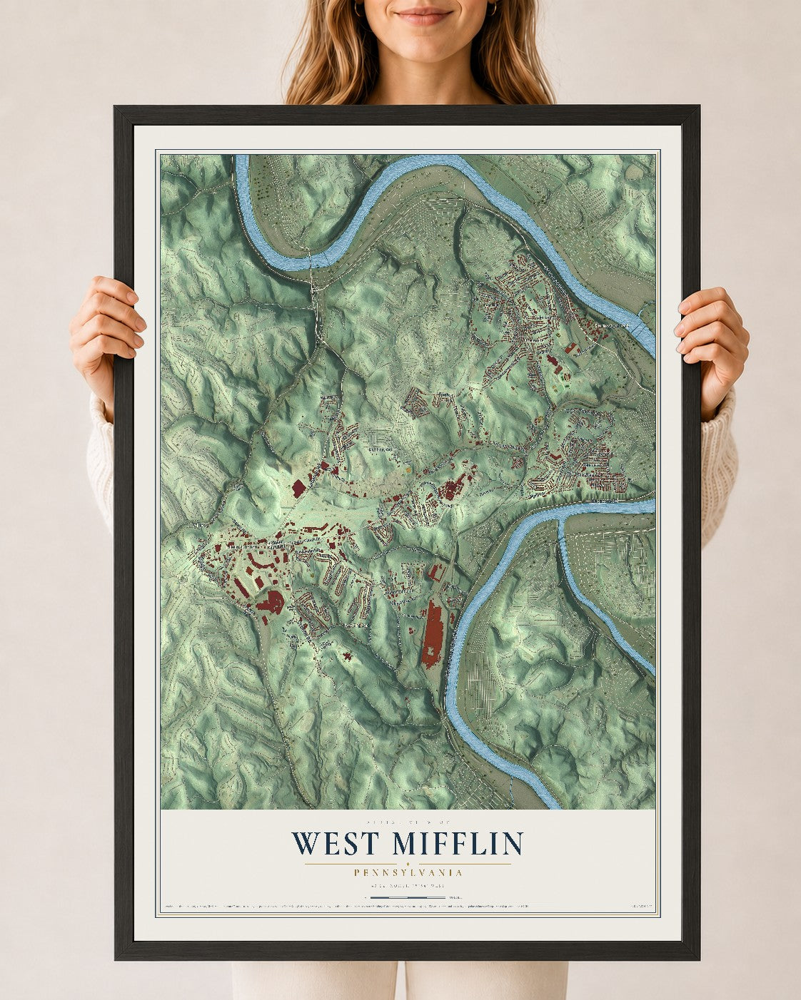 Map of West Mifflin, Pennsylvania, 24 x 36 inch print in a black wood frame
