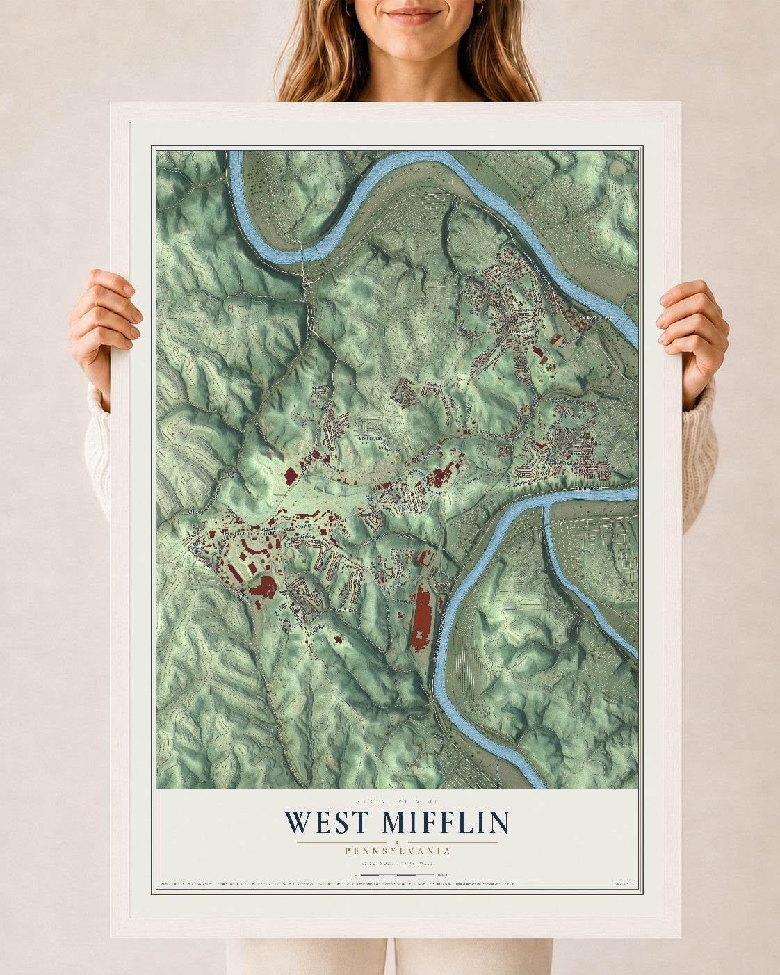 Map of West Mifflin, Pennsylvania, 24 x 36 inch print in a white wood frame