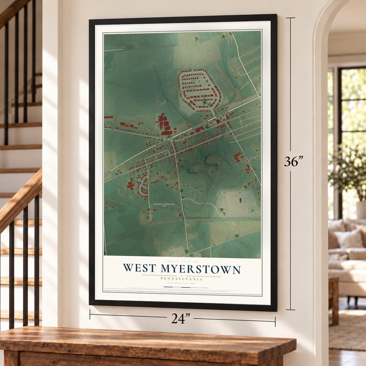 West Myerstown, Pennsylvania map, 24 x 36 inch print in a black frame by a staircase