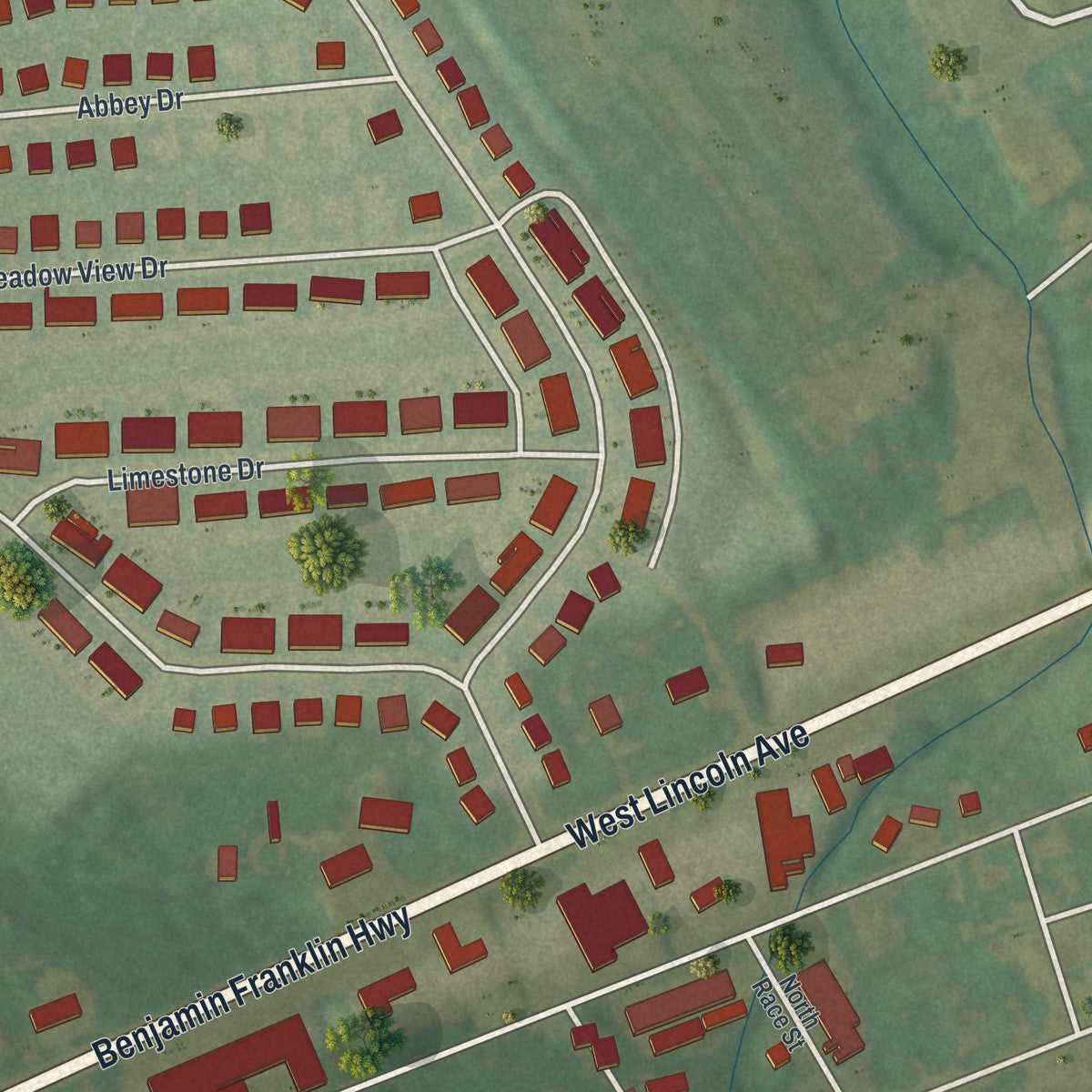 Close-up of the map of West Myerstown, Pennsylvania print showing street and building detail