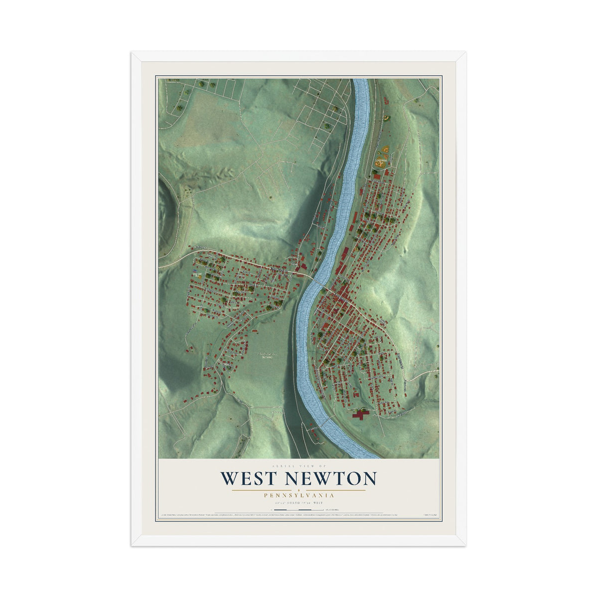 Map of West Newton, Pennsylvania, 12 x 18 inch print in a white wood frame
