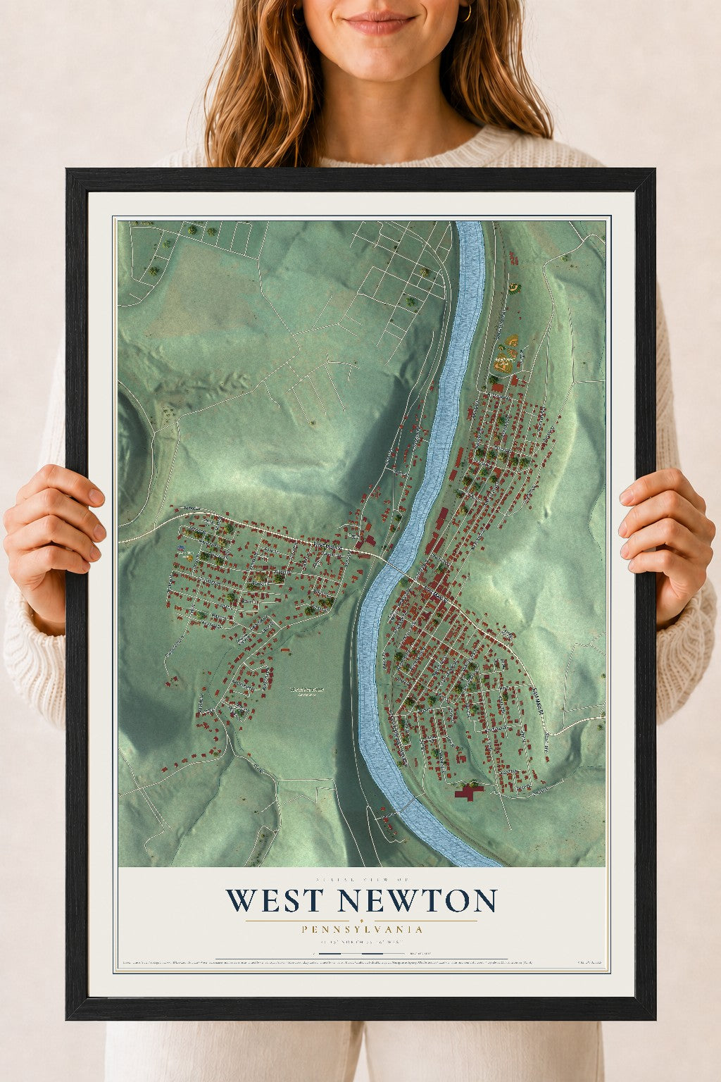 Map of West Newton, Pennsylvania, 18 x 24 inch print in a black wood frame