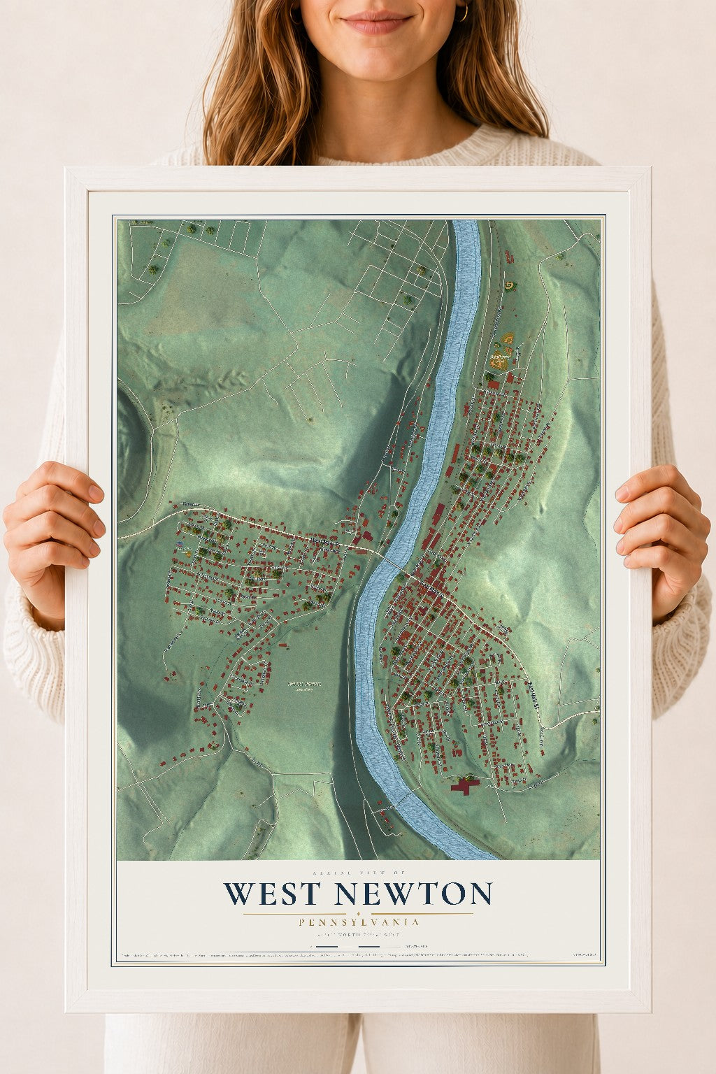 Map of West Newton, Pennsylvania, 18 x 24 inch print in a white wood frame
