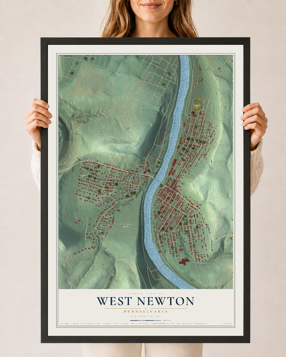Map of West Newton, Pennsylvania, 24 x 36 inch print in a black wood frame